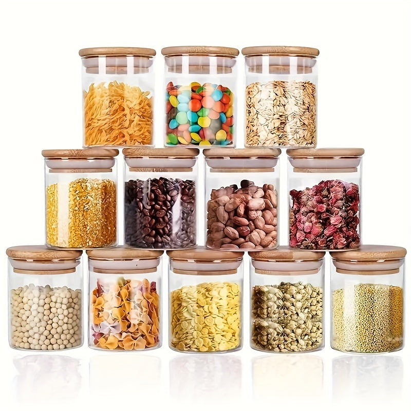 12 Pcs Transparent Glass Spice Containers With Wooden Lids