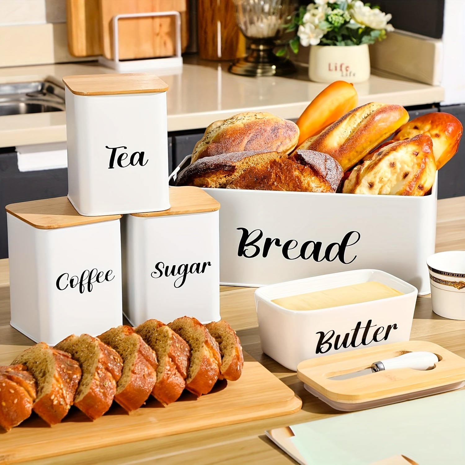 Metal Bread Box And Ceramic Butter Dish with 3 Airtight Kitchen Canisters Farmhouse Storage Canister Set for Kitchen with Bamboo Cutting Board Lid And Stainless Steel Butter Knife (White)
