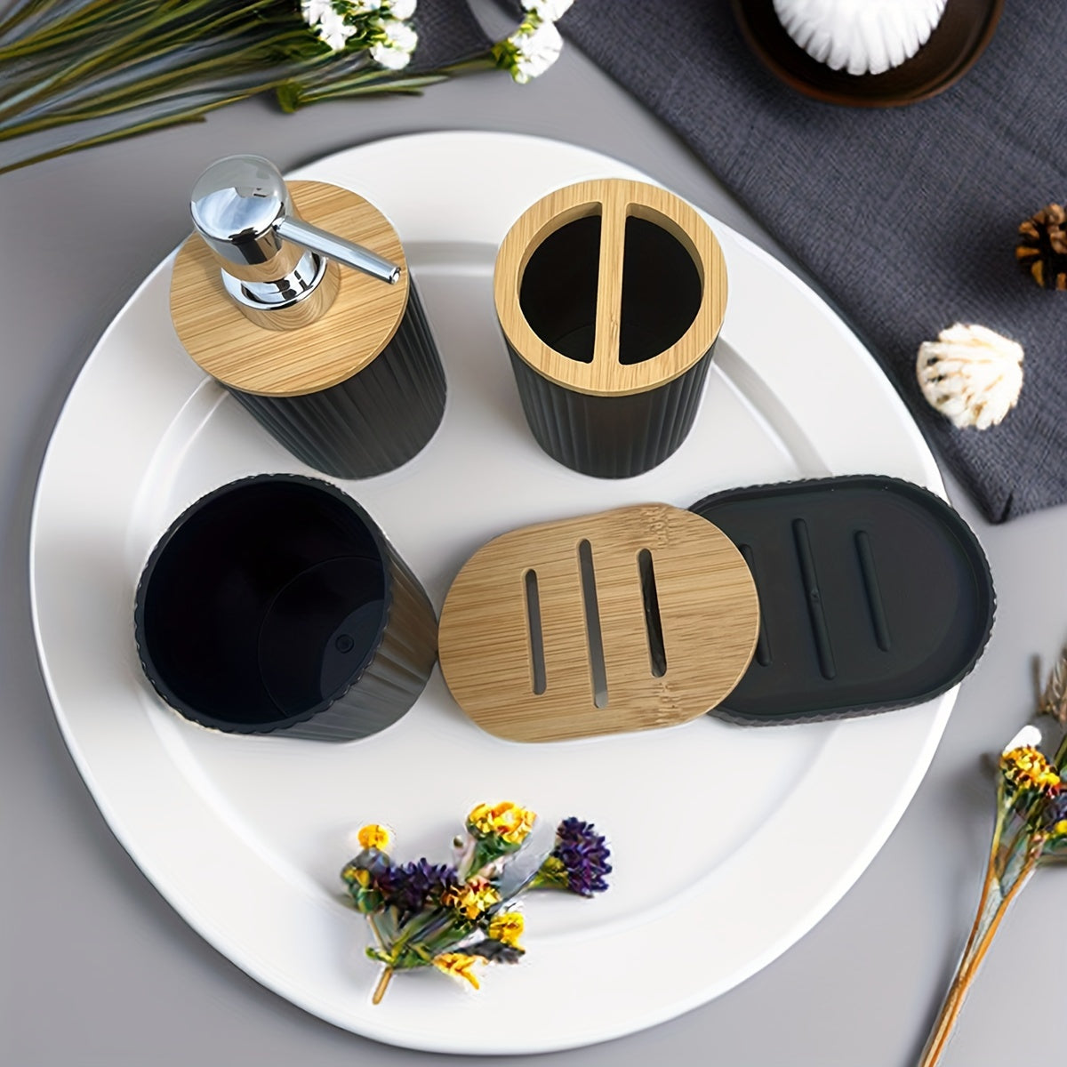 4pc Luxury Bathroom Accessory Set - Stylish Black/White with Bamboo Accents - Includes Sleek Soap Dispenser, Durable Dish, Chic Mouthwash Cup, & Organized Toothbrush Holder
