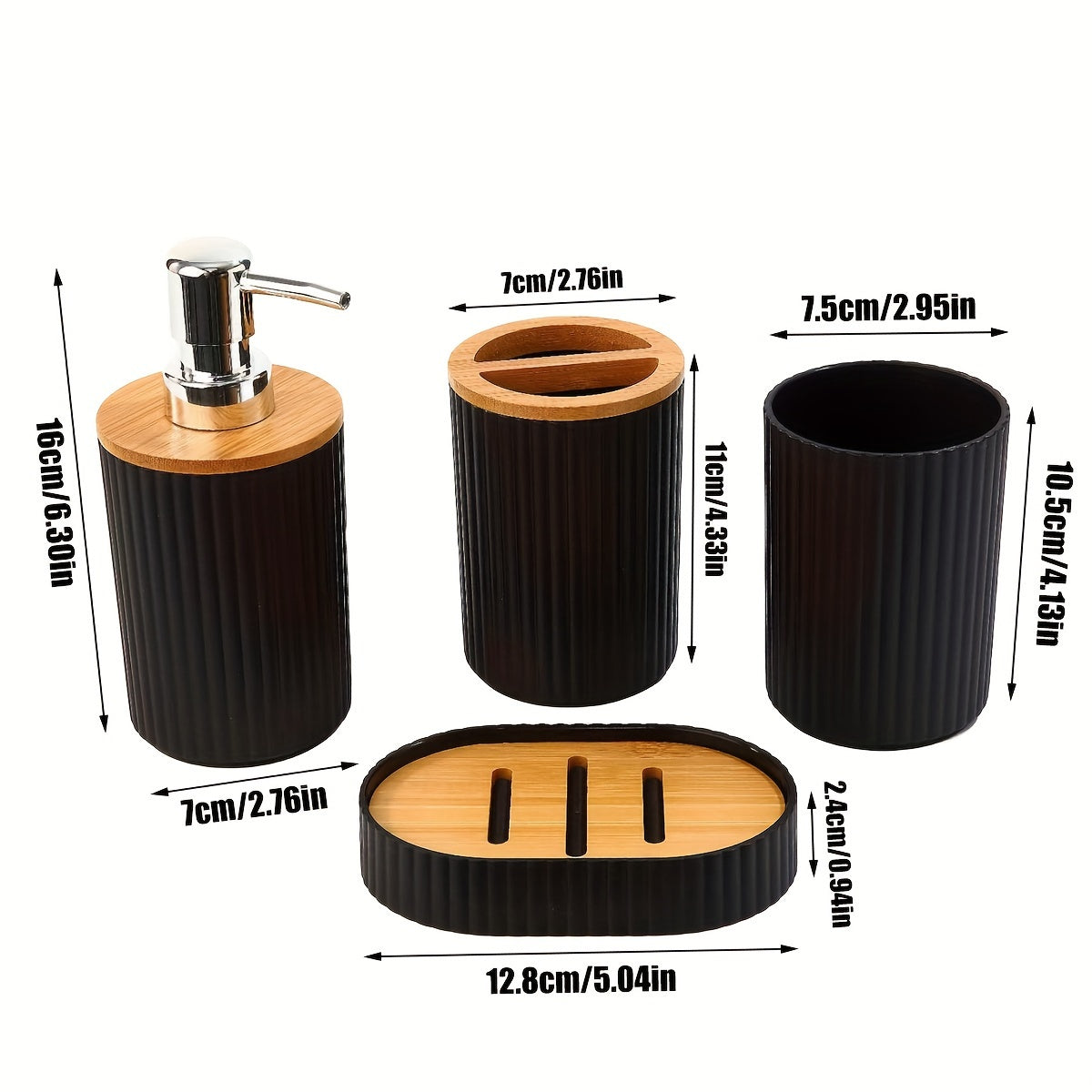 4pc Luxury Bathroom Accessory Set - Stylish Black/White with Bamboo Accents - Includes Sleek Soap Dispenser, Durable Dish, Chic Mouthwash Cup, & Organized Toothbrush Holder