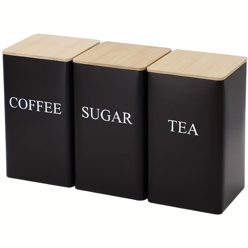Set of 3 Cast Iron Kitchen Canisters with Wooden Lids - Engraved Label Storage Containers for Tea, Coffee, Sugar - Washable and Uncharged Metal Dispensers for Office and Dining, White Metal