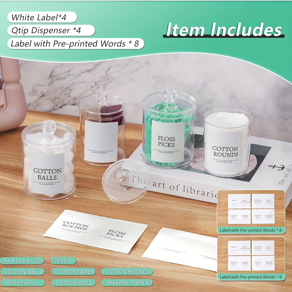 4 PCS Bathroom Accessory Set, Bathroom Organizers and Storage, Bathroom Decor, Home Decor, Bathroom Storage and Organization, Straw Rack for Cotton Balls, Cotton Swabs, Cotton Round Pads, Floss Sticks