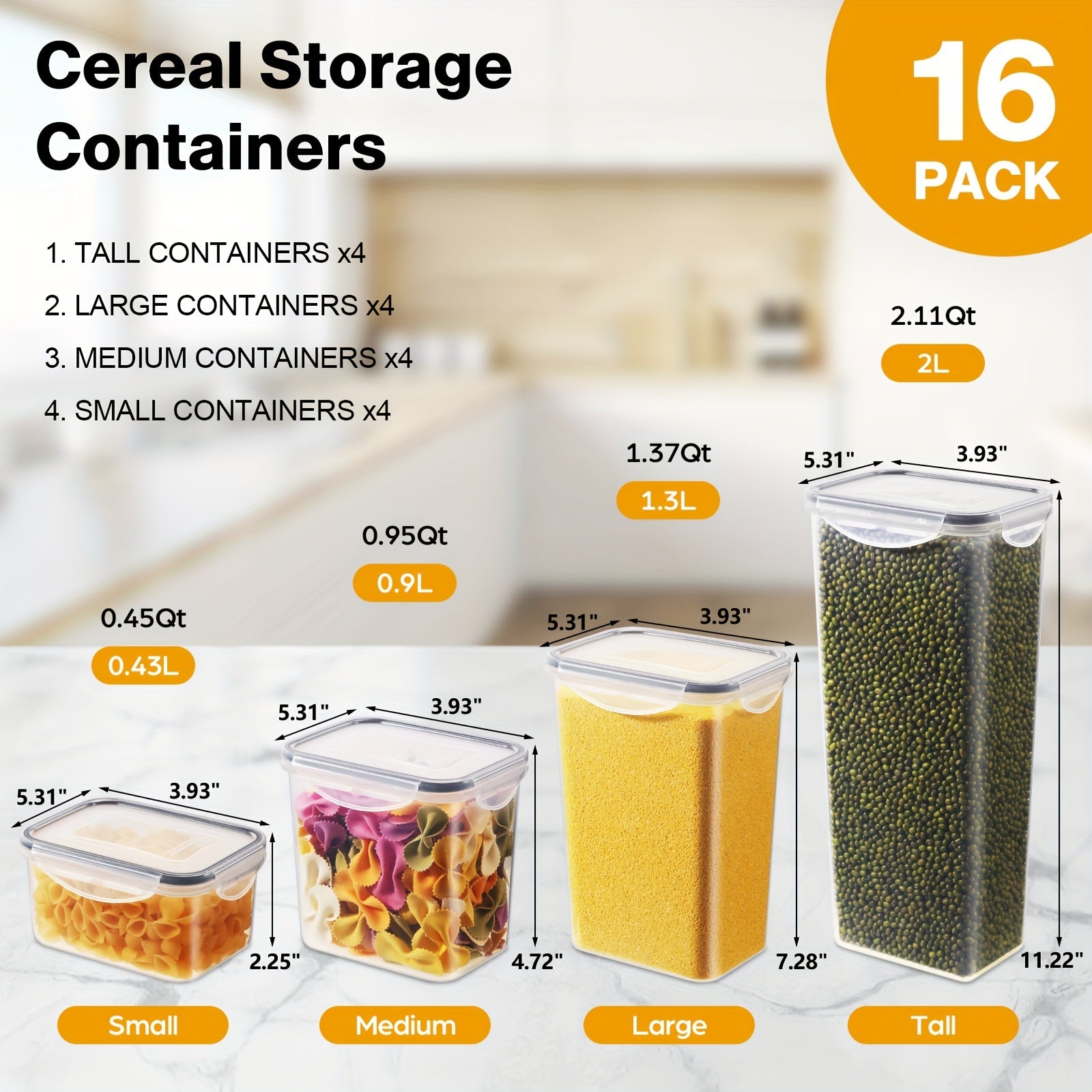 Airtight Food Storage Containers Set of 16, Plastic Cereal Storage Containers with Lids, BPA Free, Kitchen and Pantry Organization for Dry Food, Pasta, Flour & Sugar, with Labels, Marker & Spoon
