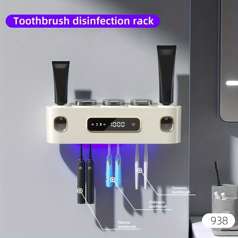 1pc Smart Sterilization Toothbrush Holder, With Gargle Cup & Double Toothpaste Dispenser, Wall Mounted Toothbrush Storage Rack, Multi-functional Toothbrush Storage Organizer, Electric Toothbrushes Hanging Holder Sanitizer, Ba