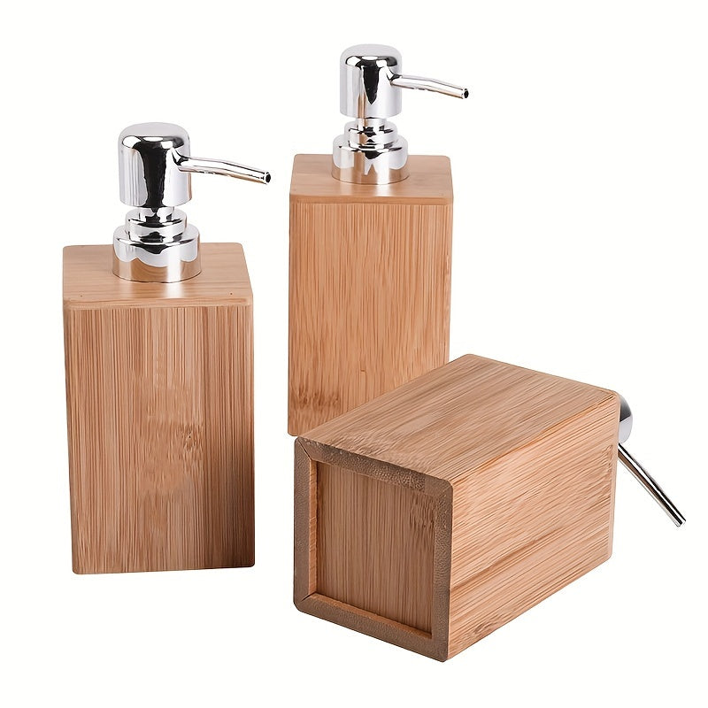Eco-Friendly Bamboo Lotion Dispenser Set: Includes Shampoo, Bath Gel, Hand Sanitizer, and Press Type Sub Bottles for Organized Bathroom Storage