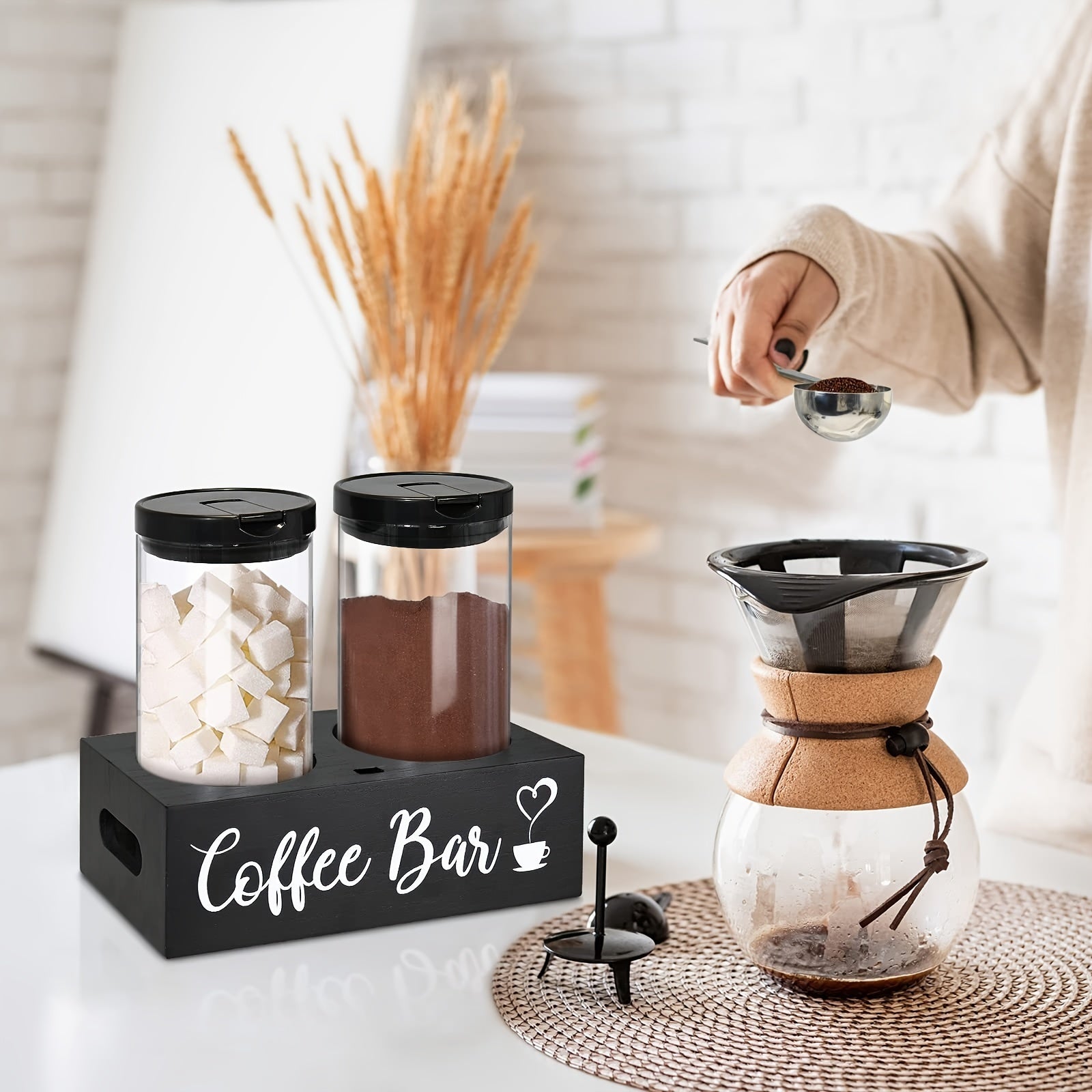 Glass Storage Jars with Spoon, Glass Coffee Bean Storage Containers, Airtight Sealed Jar Canisters Bamboo Lids with Scoop for Coffee Bean, Ground Coffee, Brown Sugar, Nuts, Loose Tea