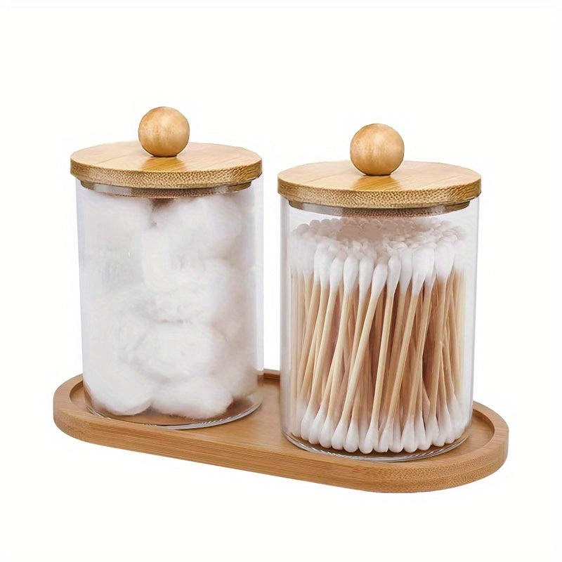 2pcs Holder Dispenser With Bamboo Lids & Tray, 10 Oz Cotton Swab Holder Cotton Ball Organizer, Apothecary Jars Bathroom Storage Organizer, Clear Bathroom Storage Jars, Vanity Storage Organizer For Cotton Swab, Ball, Pads, Flo