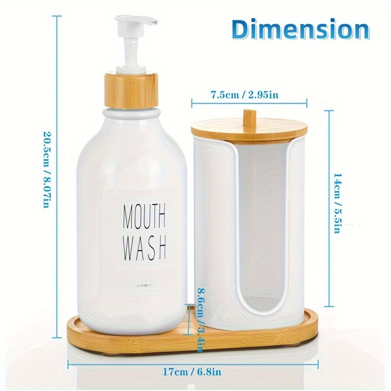 Mouthwash Dispenser For Bathroom, Mouth Wash Pump Bottle With Paper Cup Holder, 17Oz Refillable White Mouthwash Container With Bamboo Lid/Tray/Label