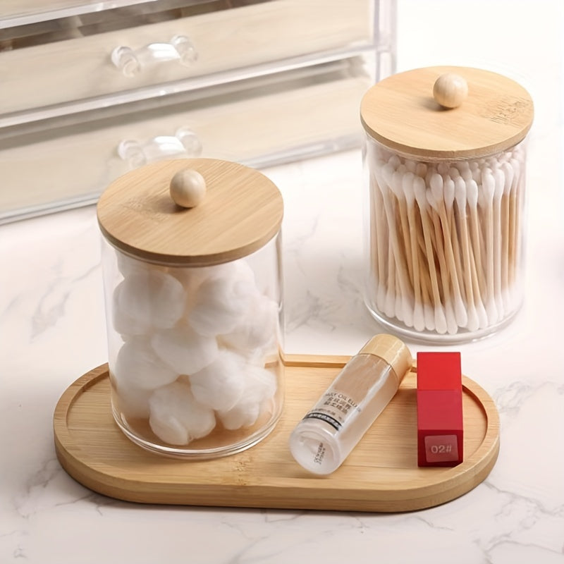 5pcs/set Bamboo Bathroom Accessories, Toothbrush Holder, Soap Dispenser, Bamboo Tray, 2 Plastic Swab Medicine Jars With Lid, Household Storage Organizer For Bathroom, Office, Desktop, Home, Dorm