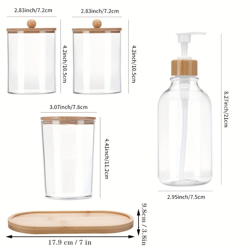 5pcs/set Bamboo Bathroom Accessories, Toothbrush Holder, Soap Dispenser, Bamboo Tray, 2 Plastic Swab Medicine Jars With Lid, Household Storage Organizer For Bathroom, Office, Desktop, Home, Dorm