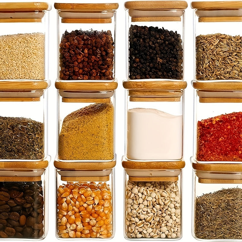 12pcs Square Glass Spice Jars with Bamboo Lids