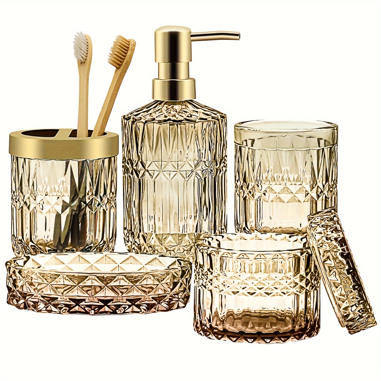 5pcs/set Light Luxury Bathroom Accessory Set, Tumbler, Cotton Swab Jars, Soap Dish, Soap Dispenser And Toothbrush Holder Set, Retro-Modern Bathroom Decor Sets, Great Gift Set For Holiday