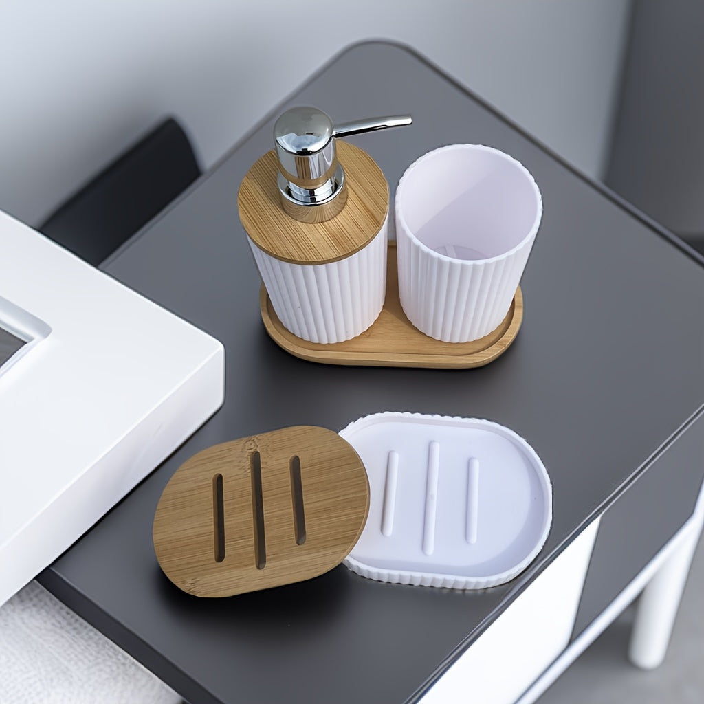 4pc Luxury Bathroom Accessory Set - Stylish Black/White with Bamboo Accents - Includes Sleek Soap Dispenser, Durable Dish, Chic Mouthwash Cup, & Organized Toothbrush Holder