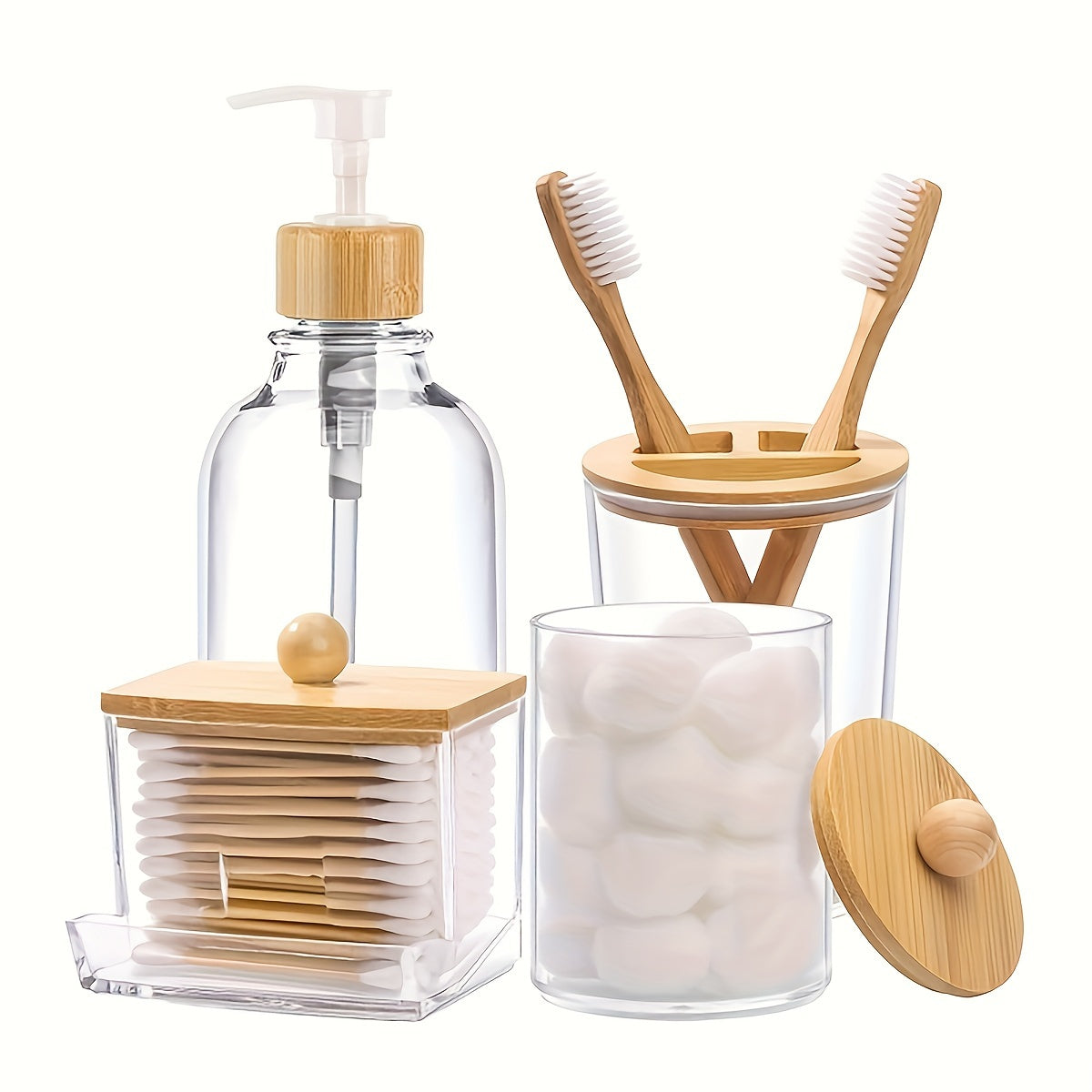 4pcs Bamboo Bathroom Accessory Set, Plastic Bath Soap Dispenser, Toothbrush Holder, Ball & Pad Organizer, Boho Style Countertop Decor Kit