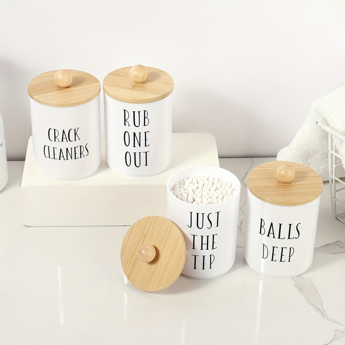 [4pcs Boho Chic Swab Holder Set] 4pcs Boho Chic Swab Holder Set with Lids - 10oz White Plastic Canisters for Bathroom Organization, Perfect for Swabs, Balls, Pads & Floss, Storage Accessories, Vanity Essential Containers