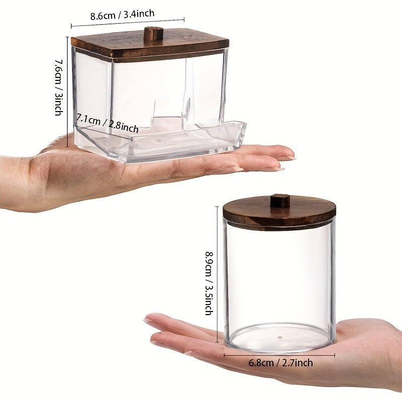 1/3pcs 10/7 OZ Swabs Dispenser - Swabs Holder Bathroom Container With Apothecary Jar Organizer - Brown Wood Lids For Easy Storage