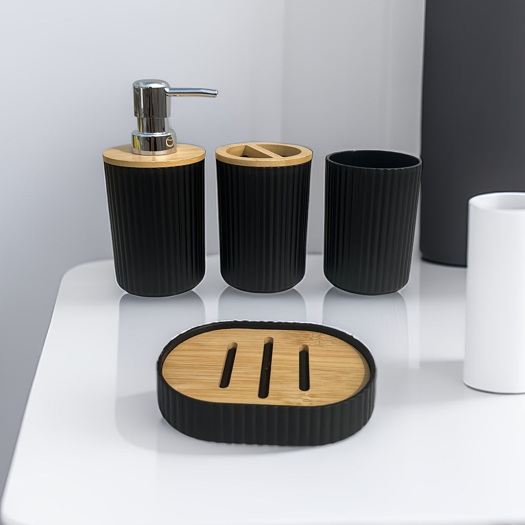 4pc Luxury Bathroom Accessory Set - Stylish Black/White with Bamboo Accents - Includes Sleek Soap Dispenser, Durable Dish, Chic Mouthwash Cup, & Organized Toothbrush Holder