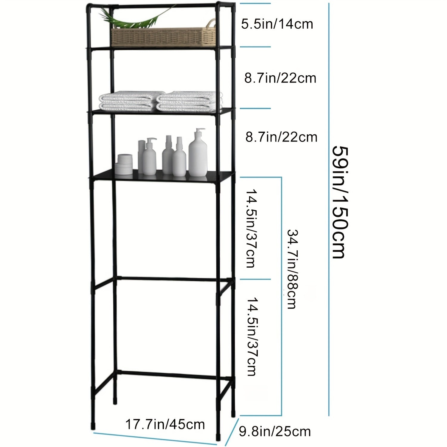 3-Tier Over-The-Toilet Bathroom Storage Rack with X-Shaped Bar, 1pc Cast Iron Recessed Shelf, Space-Saving Bathroom Organizer, Easy Assembly, 9.45" D x 25.59" W x 65.35" H