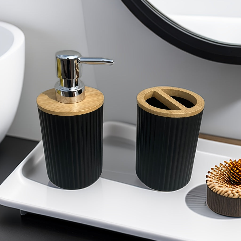4pc Luxury Bathroom Accessory Set - Stylish Black/White with Bamboo Accents - Includes Sleek Soap Dispenser, Durable Dish, Chic Mouthwash Cup, & Organized Toothbrush Holder