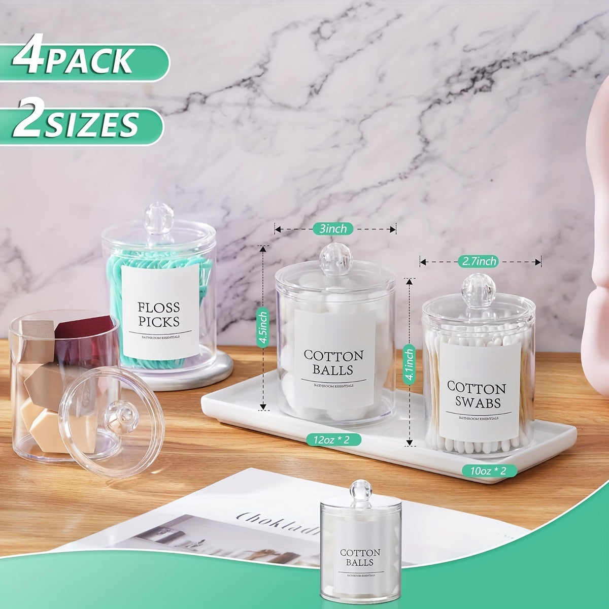 4 PCS Bathroom Accessory Set, Bathroom Organizers and Storage, Bathroom Decor, Home Decor, Bathroom Storage and Organization, Straw Rack for Cotton Balls, Cotton Swabs, Cotton Round Pads, Floss Sticks