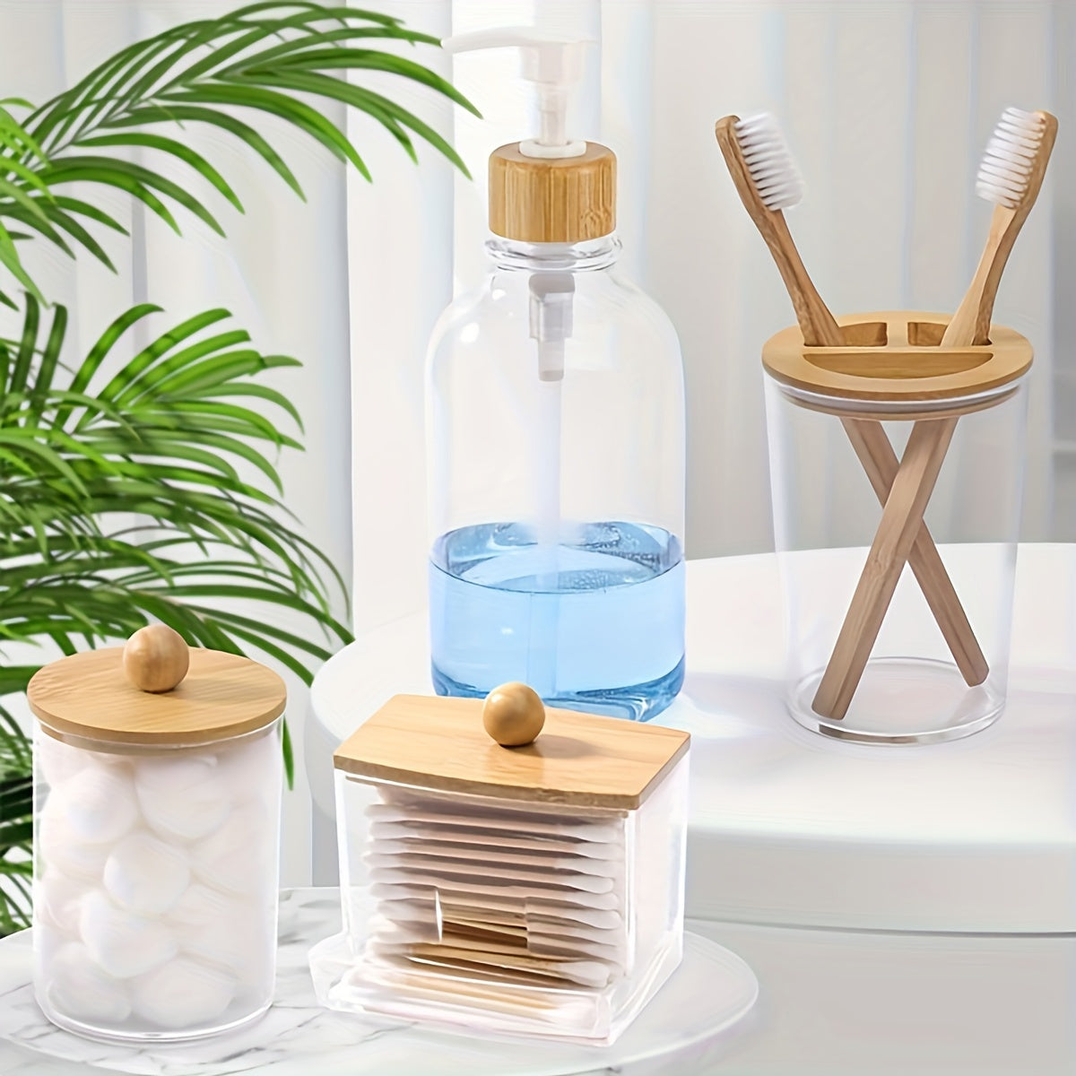 4pcs Bamboo Bathroom Accessory Set, Plastic Bath Soap Dispenser, Toothbrush Holder, Ball & Pad Organizer, Boho Style Countertop Decor Kit