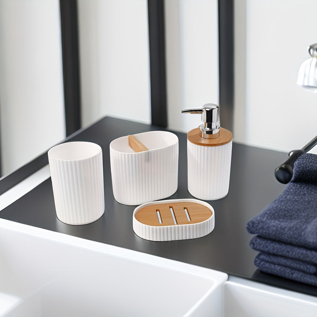 4pc Luxury Bathroom Accessory Set - Stylish Black/White with Bamboo Accents - Includes Sleek Soap Dispenser, Durable Dish, Chic Mouthwash Cup, & Organized Toothbrush Holder