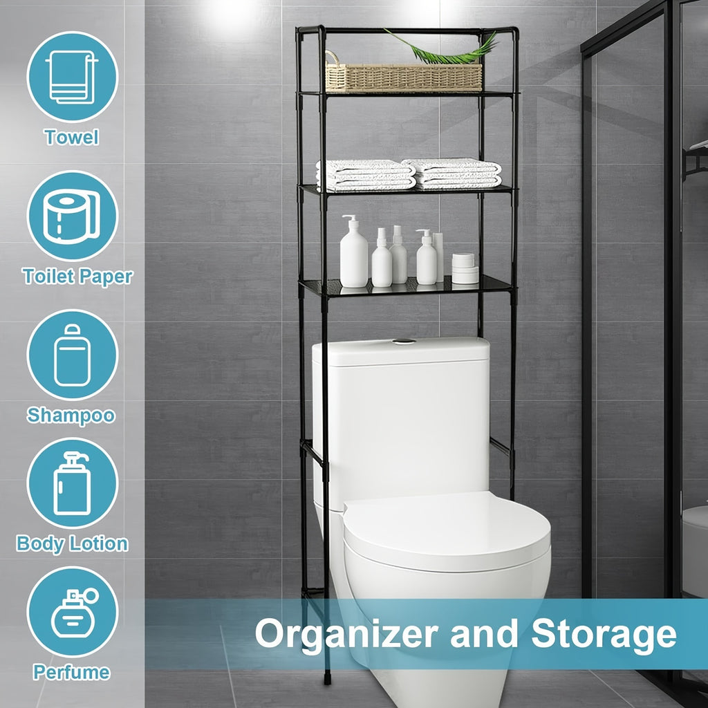 3-Tier Over-The-Toilet Bathroom Storage Rack with X-Shaped Bar, 1pc Cast Iron Recessed Shelf, Space-Saving Bathroom Organizer, Easy Assembly, 9.45" D x 25.59" W x 65.35" H