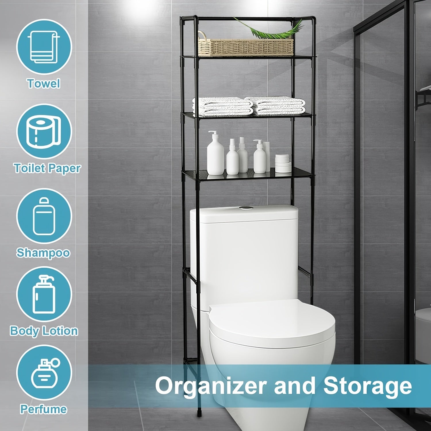 3-Tier Over-The-Toilet Bathroom Storage Rack with X-Shaped Bar, 1pc Cast Iron Recessed Shelf, Space-Saving Bathroom Organizer, Easy Assembly, 9.45" D x 25.59" W x 65.35" H