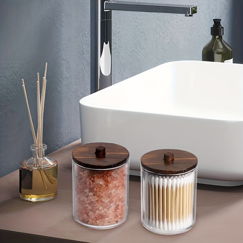 1/3pcs 10/7 OZ Swabs Dispenser - Swabs Holder Bathroom Container With Apothecary Jar Organizer - Brown Wood Lids For Easy Storage