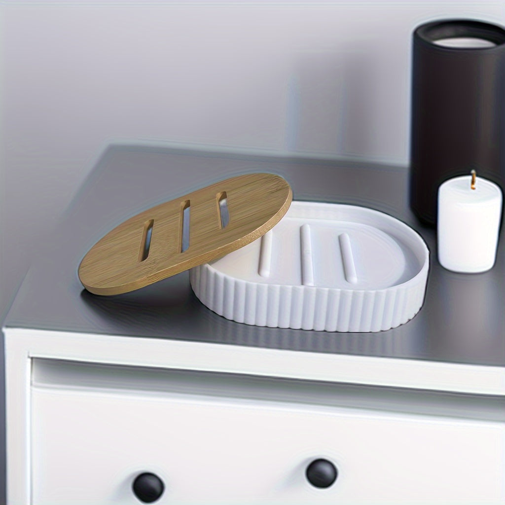 4pc Luxury Bathroom Accessory Set - Stylish Black/White with Bamboo Accents - Includes Sleek Soap Dispenser, Durable Dish, Chic Mouthwash Cup, & Organized Toothbrush Holder