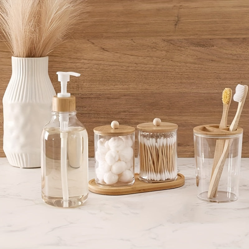 5pcs/set Bamboo Bathroom Accessories, Toothbrush Holder, Soap Dispenser, Bamboo Tray, 2 Plastic Swab Medicine Jars With Lid, Household Storage Organizer For Bathroom, Office, Desktop, Home, Dorm