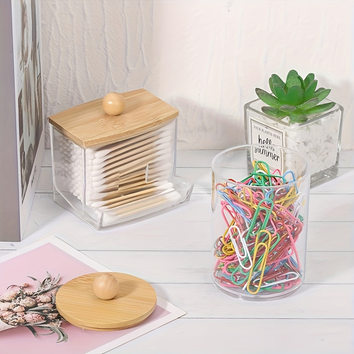 4pcs Bamboo Bathroom Accessory Set, Plastic Bath Soap Dispenser, Toothbrush Holder, Ball & Pad Organizer, Boho Style Countertop Decor Kit