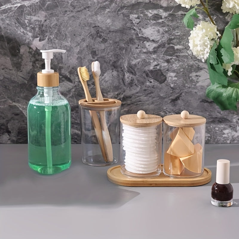 5pcs/set Bamboo Bathroom Accessories, Toothbrush Holder, Soap Dispenser, Bamboo Tray, 2 Plastic Swab Medicine Jars With Lid, Household Storage Organizer For Bathroom, Office, Desktop, Home, Dorm